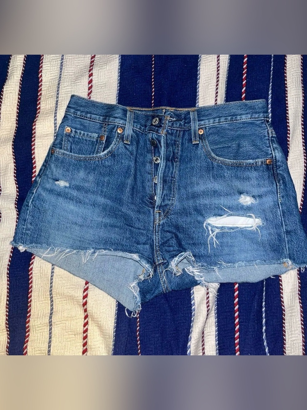 Levi's Distressed Mid-Blue High-Rise Denim Shorts
